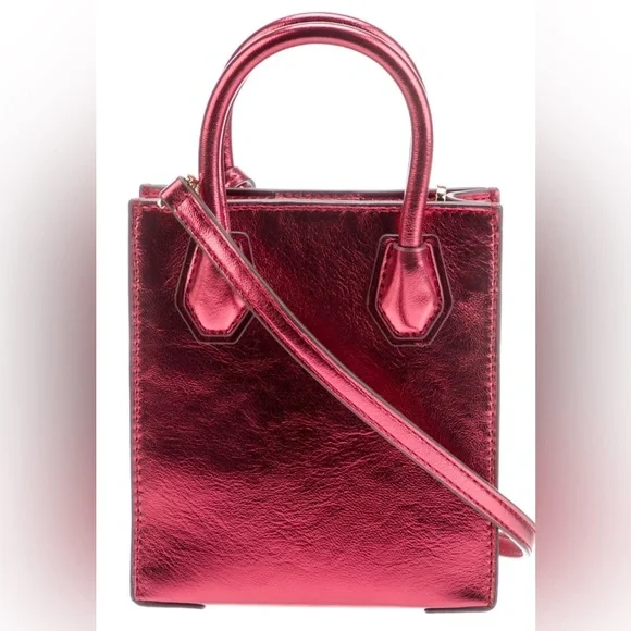 NWT Michael Kors Mercer XS North South Shopper Crossbody in Metallic Crimson Red - Picture 2 of 7